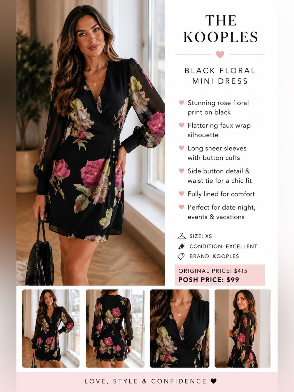 The Kooples Black Floral Mini Dress with Pink & Green Roses